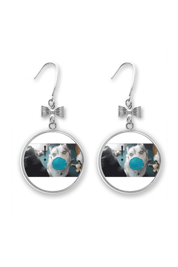 shocked silly head pet dog expression bow earrings drop stud pierced hook