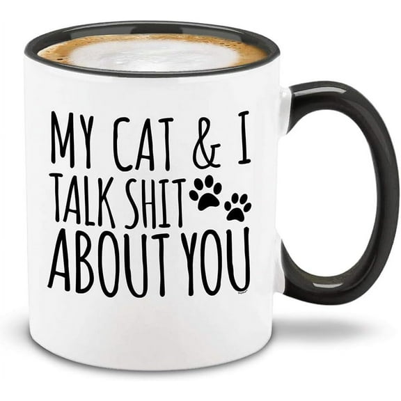 shop4ever My Cat & I Talk About You Ceramic Coffee Mug Tea Cup, Funny Gift for Cat Mom 11 oz. (Black Handle)