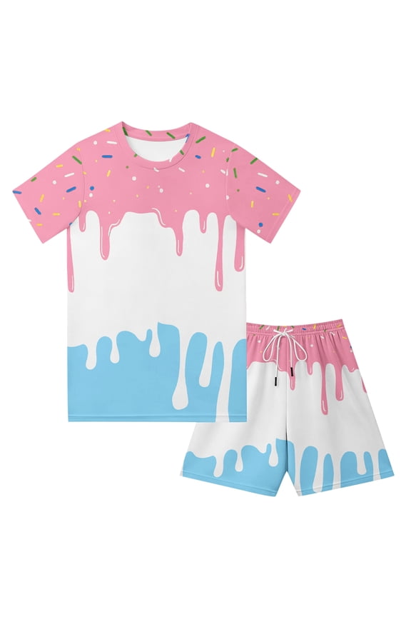 2 Piece Ice Cream Baseball Shorts Sets Ice Cream Print Baseball Crewneck Short Sleeve Tee Shirts and Summer Drawstring Shorts