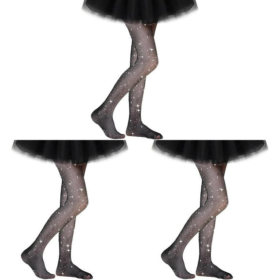 shoper 3-Pack Kids Fishnet Tights, Thigh Glitter Tights, Glittering Rhinestones, Girls Fishnet Tights for Dance 4-13 Years