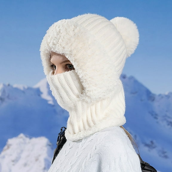 shoper 3 in 1 Beanie Hat for Women, Lined Knit Balaclava Scarf Set, Warm Winter Pom Hat for Cold Weather