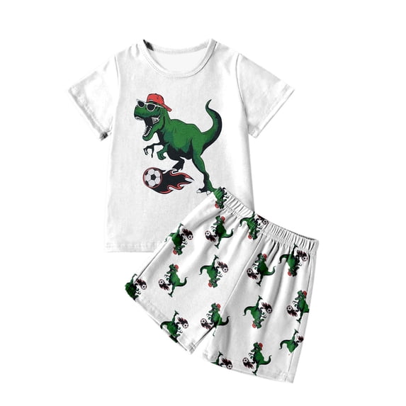 shoper 4t Boys Clothes Crew Neck Loose Fit T Shirt and Shorts Outfits Set Dinosaur Print Children Sets Summer Kids Clothes Children Toddler Pjs White 90