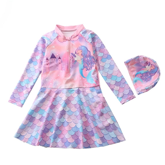 shoper 4t Girls Swimsuit Girls Long Sleeve Swimsuit with Skirt Scale Print Design Rash Guard Swimwear Built In and Shorts Multicolour1 5-6 Years