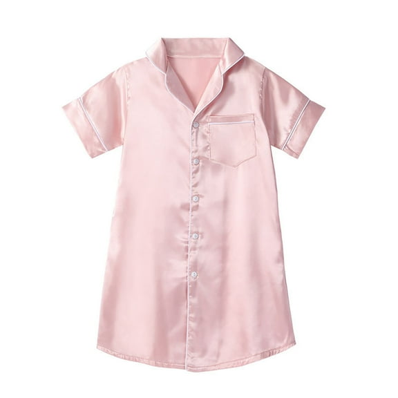 shoper 5t Nightgowns for Girls Lapel Solid Color Short Sleeve Button Down Comfy Cotton Pajamas Breathable Summer Girls' Nightwear Nightie Rose Gold S