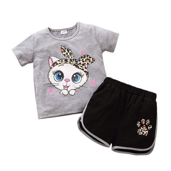 shoper Adorable Big Eyed Cat Print Girls Two Piece Summer Casual Outfit Top and Shorts Set for Toddlers and Kids, Girls 2 Pieces Outfits 2T