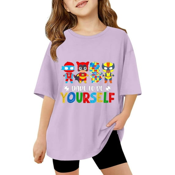 shoper Autism Awareness Shirt for Kids Autism Support Tee Causal Short Sleeve Tops Back To School Shirt Boys and Girls Purple 140