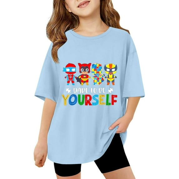 shoper Autism Awareness Shirt for Kids Autism Support Tee Causal Short Sleeve Tops Back To School Shirt Boys and Girls Sky Blue 120