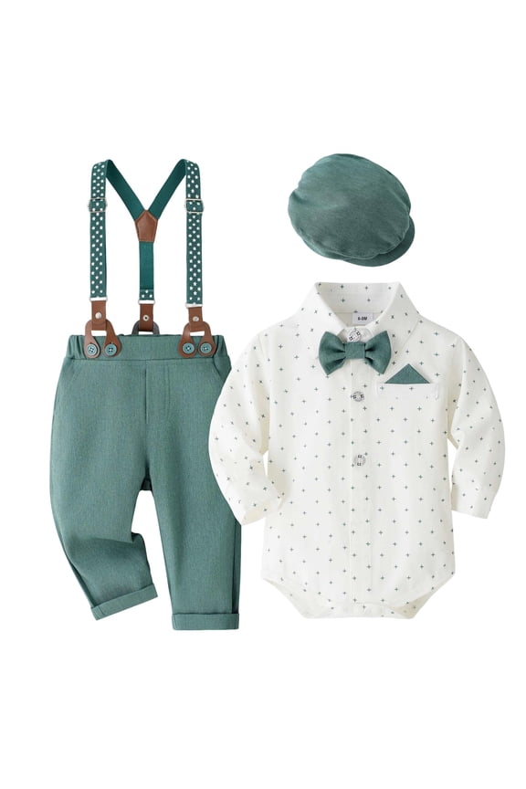 Baby Boy Clothes Set Suit Gentleman Wedding Outfits Dress Romper Ring Bearer Beret Hat Suspenders Pants Bowtie Suits 4PCS