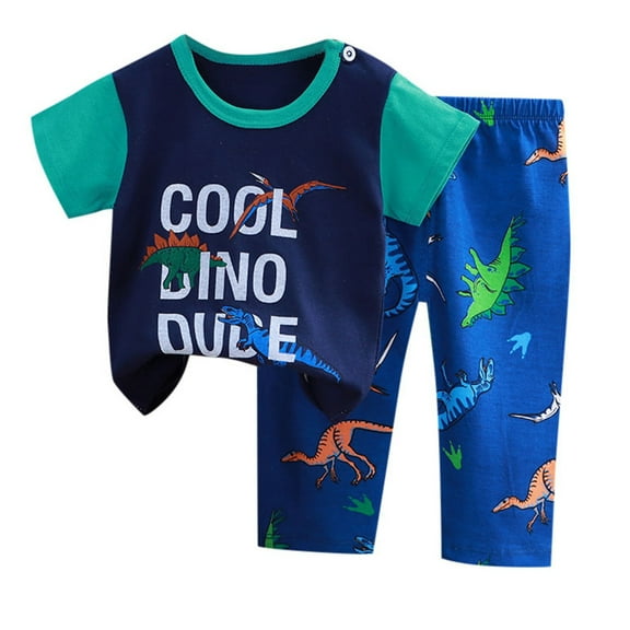 shoper Baby Boy Summer Clothes 18-24 Months Round Neck Dinosaur Print Short Sleeve T-Shirts and Pants Comfy School Wear Shorts Set 2 Piece Dark Blue 90