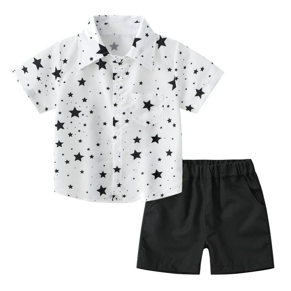 shoper Baby Boy Summer Clothes 6-9 Months Collared Cartoon Print Cotton Short Sleeve Button Down Shirt and Shorts Trendy Short Set 2pcs Clothing Set White 120