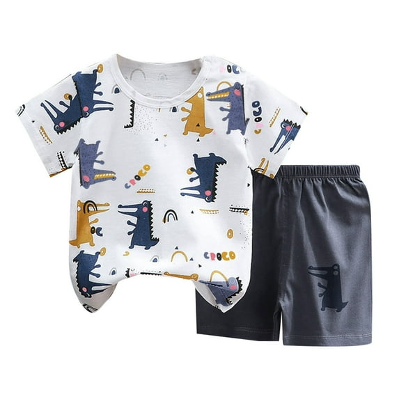 shoper Baby Boy Summer Outfit Graphic Print Crew Neck Breathable Short Sleeve T-Shirts and Shorts Trendy Children's Fashion Shorts Set 2 Piece Blue 80