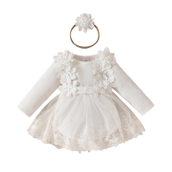 shoper Baby Girl Bodysuits 0-3 Months Floral Decoration Soft Long Sleeve Wtih Hairband Crew Neck Toddler Romper Dress Boys Girls Soft Clothes White 3M