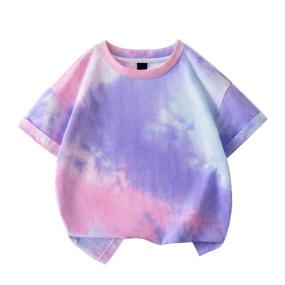 shoper Baby Girl Clothes Round Neck Shirt Tie-Dye Classic Fit Short Sleeve Vacation Tops Shirts for Teen Kids Purple 110