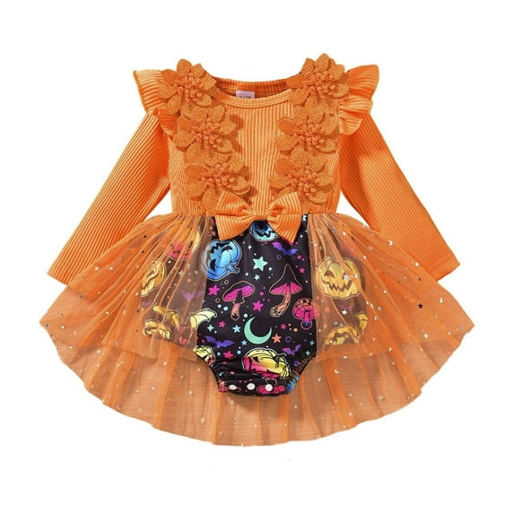 shoper Baby Girl Halloween Long Sleeve Ropmer Dress Mesh Tulle Skirt Party Outfit Playful Toddler Dress for Seasonal Festivities