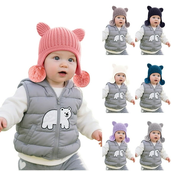 shoper Baby Winter Hat with Ear Flaps Cute Bear Earflap Beanie with Pom Pom Warm Fleece Lining Knit Cap for Toddler Boys Girls