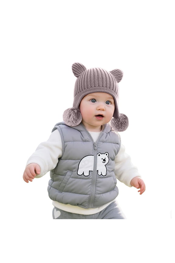 Baby Winter Hat with Ear Flaps Cute Bear Earflap Beanie with Pom Pom Warm Lining Knit Cap for Toddler Boys Girls