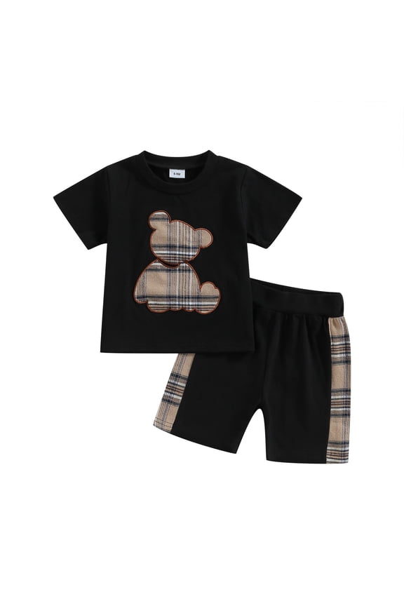 Bear Print Summer Two Piece Playwear Set For Toddlers Boys And Girls With Short Sleeve Top And Shorts Black 3-6 Months