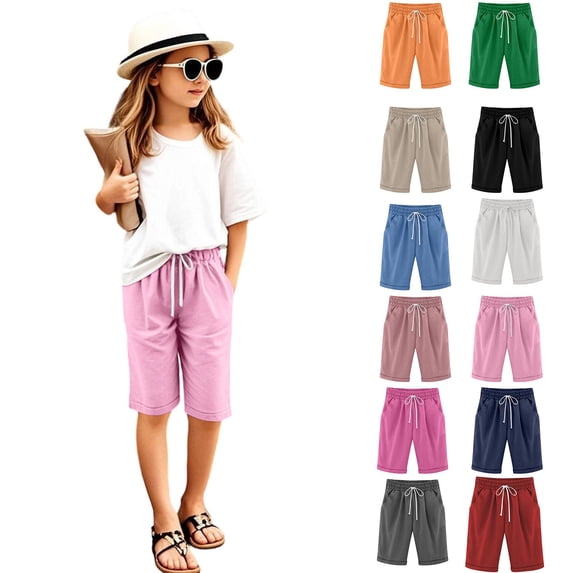 shoper Bermuda Shorts for Girls Elastic Waist Drawstring Knee Length Shorts Summer Lightweight Capri Pants foir Kids Linen Long Shorts with Pockets