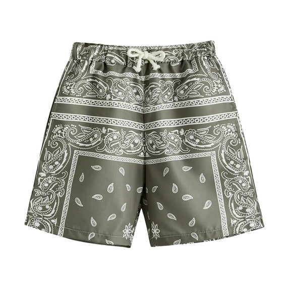 shoper Boho Paisley Print Shorts for Boy's Summer Clothes Drawstring High Waisted Shorts Boys Casual Daily Short Pants Grey 150