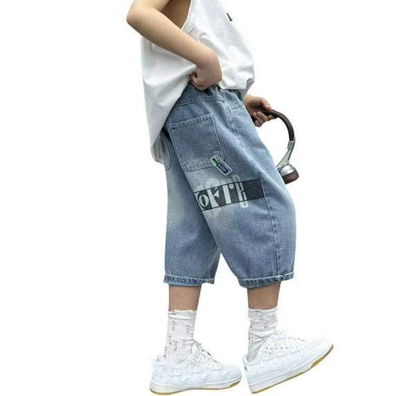 shoper Boy's Elastic Waist Baggy Leg Casual Casual Denim Shorts with Pockets Trendy Boys Set Blue 120