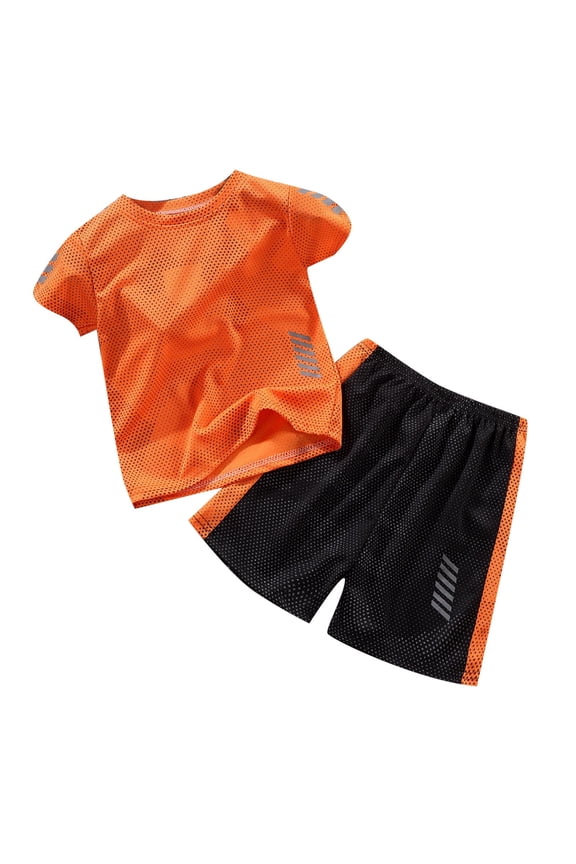 Boys Athletic Shorts Set 2 Piece Summer Clothes Outfit Breathable Lightweight Tee Boys Basketball Shorts for Active Kids Casual Sports Suit Orange