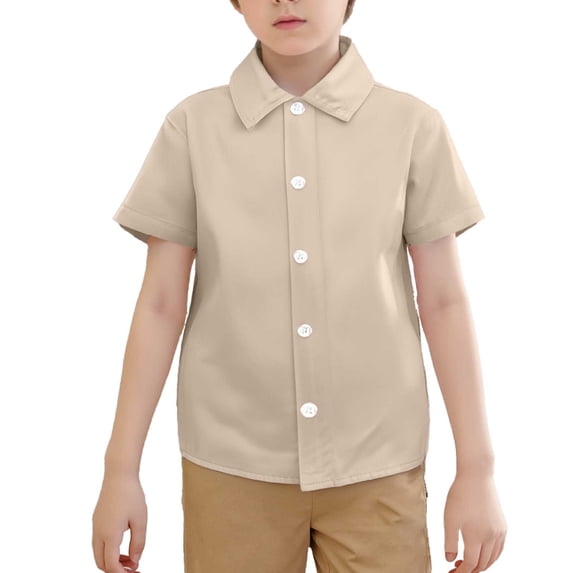 shoper Boys Button Down Shirt Collared Solid Color Short Sleeve T-Shirts Formal Daily Tee Shirt Little Boys Clothes Beige 110