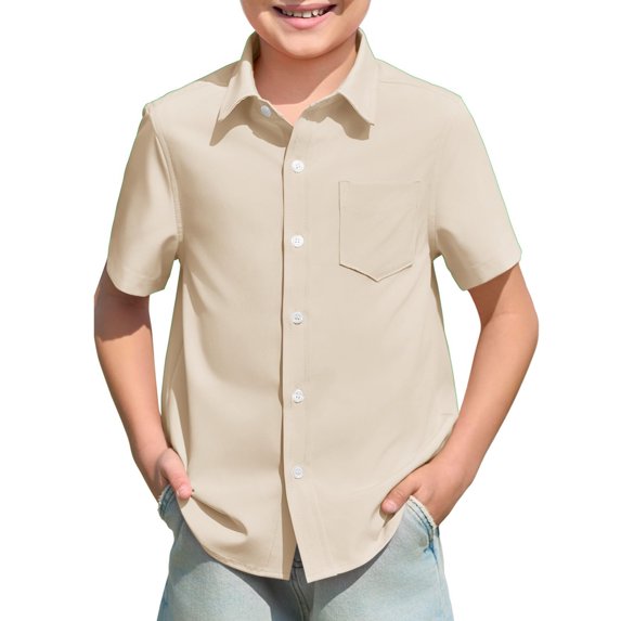 shoper Boys Button Down Shirt with Pocket Collared Solid Color Short Sleeve T-Shirt Formal Back To School Shirt Baby Boy Summer Clothes Beige 150