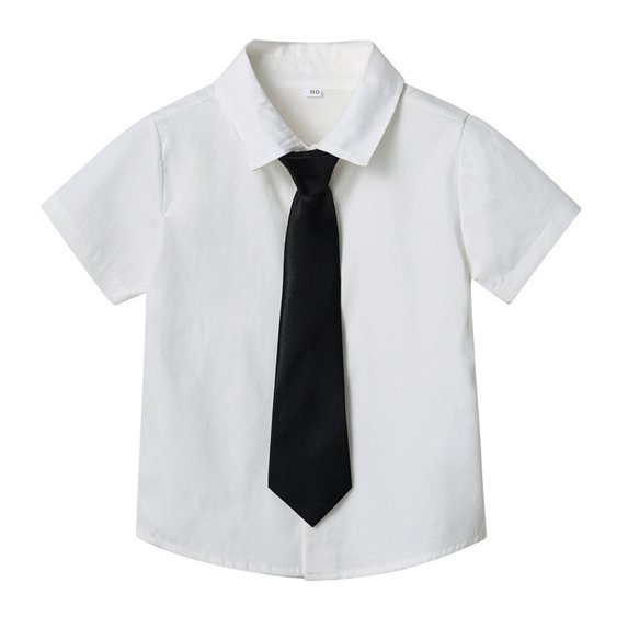 shoper Boys Button Down Shirt with Bow Tie Collared Solid Color Short Sleeve T-Shirt Formal Summer Tops Toddler Clothes for Boys Gentlemen's Wear White 130