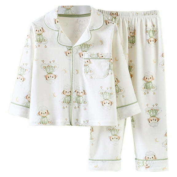 shoper Boys Fall Pajamas Set Button Down Pjs Daily Round Neck Top with Pants Boys' Sleepwear Pajamas 2 Piece Pjs Set Light Green 160