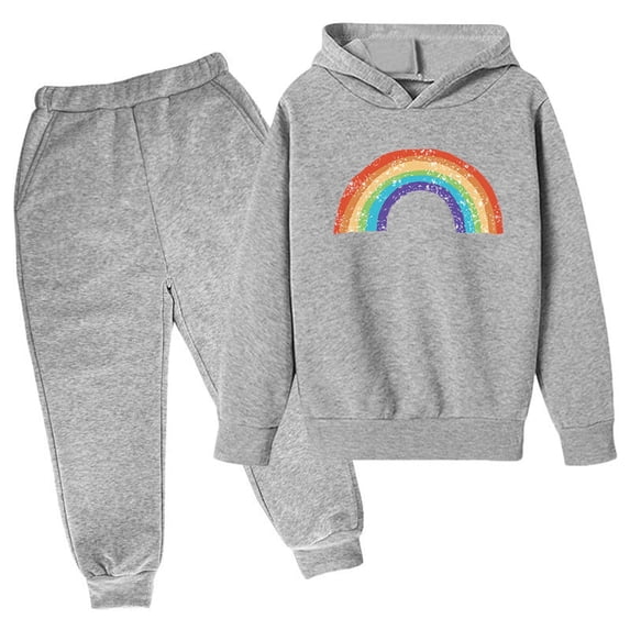 shoper Boys Girls Jogging Suits Size 3-14 Kids Casual Rainbow Printed Hoodie Pullover Sweatshirt Tracksuit Jogger Sweatpants Unisex 2 Piece Sweatsuit Set Grey