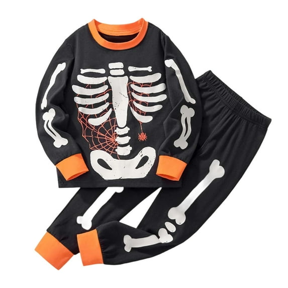 shoper Boys Halloween Pajamas Set Skeleton Print Glow In The Dark Kids Outfit Soft Sleepwear Casual Long Sleeve Tops and Pants for Toddler Kids Fall Winter Clothes