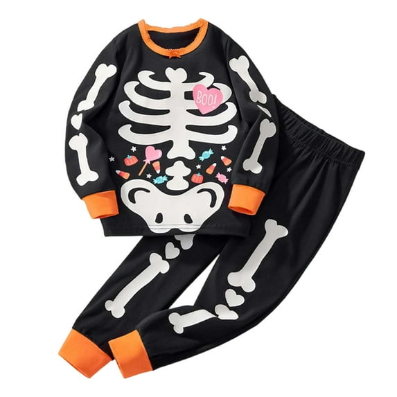 shoper Boys Halloween Pajamas Set Skeleton Print Glow In The Dark Kids Outfit Soft Sleepwear Casual Long Sleeve Tops and Pants for Toddler Kids Fall Winter Clothes