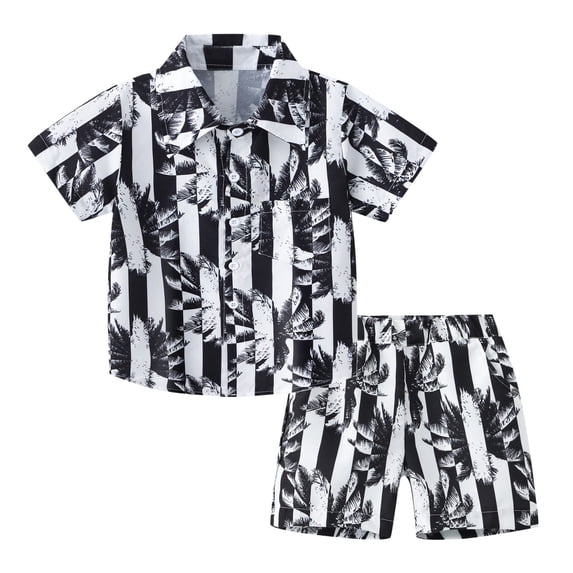 shoper Boys Hawaii 2 Piece Outfits Collared Shirts Button Down Shirt for Boys Short Sleeve Tops and Shorts Toddler Boys Summer Outfit Black 160