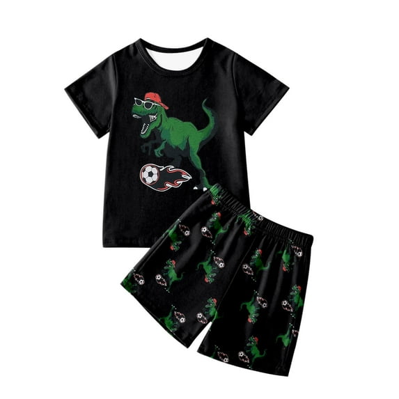 shoper Boys Outfits Size 6 Dinosaur Print Fashion Short Sleeve Pajamas Crewneck Vacation Clothes Shorts Outfits Clothes Set Black 90