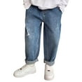 thumbnail image 1 of shoper Boys Pants Size 14-16 Loose Fit Ripped with Drawstring Pull-On Comfy Denim Trousers Lounge Pants for Spring and Summer Wear Blue 140, 1 of 6