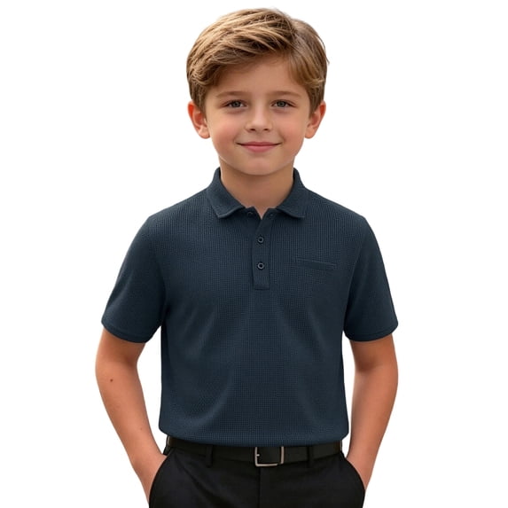 shoper Boys Polo Shirt School Uniform Short Sleeve Tops, Button Closure, Textured Shirt Stretchy Quick Dry Casual Golf Navy