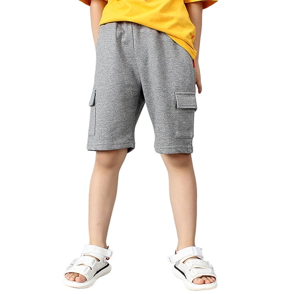 shoper Boys Pull on Cargo Shorts Solid Color Elastic Waist Boys' Bottoms Casual Shorts with Multi Pockets Athletic Running Workout Shorts Light Gray 140