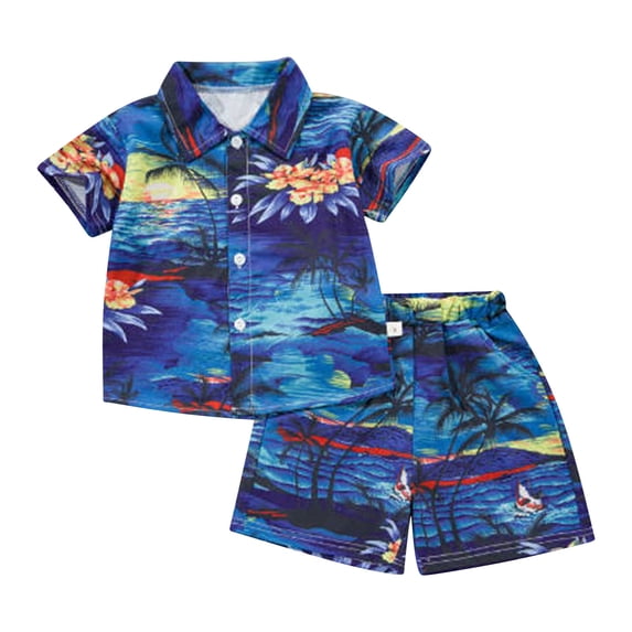 shoper Boys Short Sets Size 14-16 Button Up Print Lightweight Short Sleeved Tops and Shorts Crew Neck Vacation Clothes Kids Short Sets Toddler Jammies Clothes Blue 100