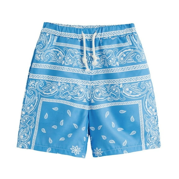 shoper Boys Summer Boho Shorts Paisley Print Graphics Shorts Kids Drawstring High Waisted Summer Beach Shorts with Pocket 13-14 Years Sky Blue