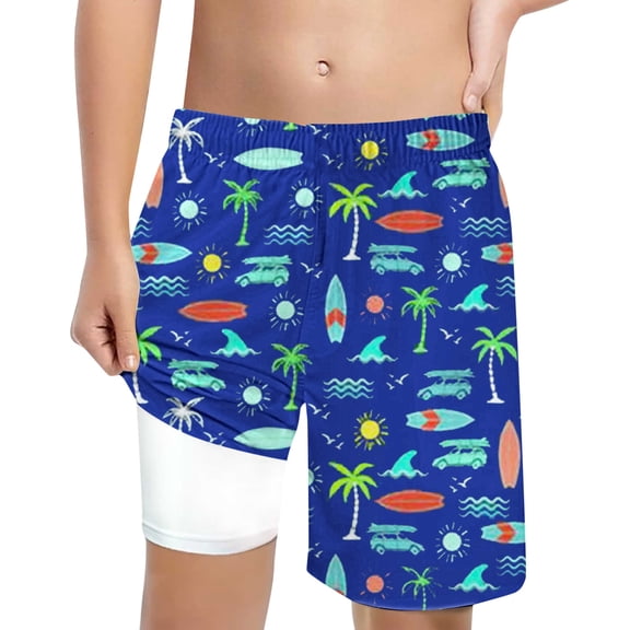 shoper Boys Swim Trunks Set with Compression Liner Summer Print Quick Dry Shorts Swimming Short Beach Pants Boy Swim Trunks Blue 130