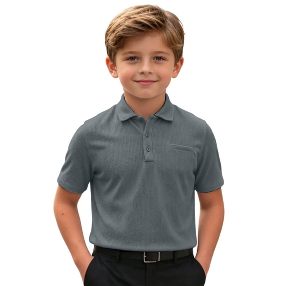 shoper Boys White Polo School Uniform Short Sleeve Tops, Button Closure, Textured Shirt Stretchy Quick Dry Casual Golf Light Gray