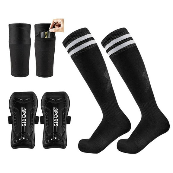 shoper Breathable Soccer Shin Guards Socks Set with Straps - 3-Piece Combo for Kids, Ideal for Outdoor Sports and Training Black One Size