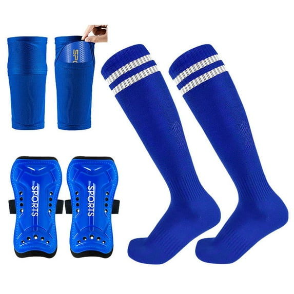 shoper Breathable Soccer Shin Guards Socks Set with Straps - 3-Piece Combo for Kids, Ideal for Outdoor Sports and Training Blue One Size