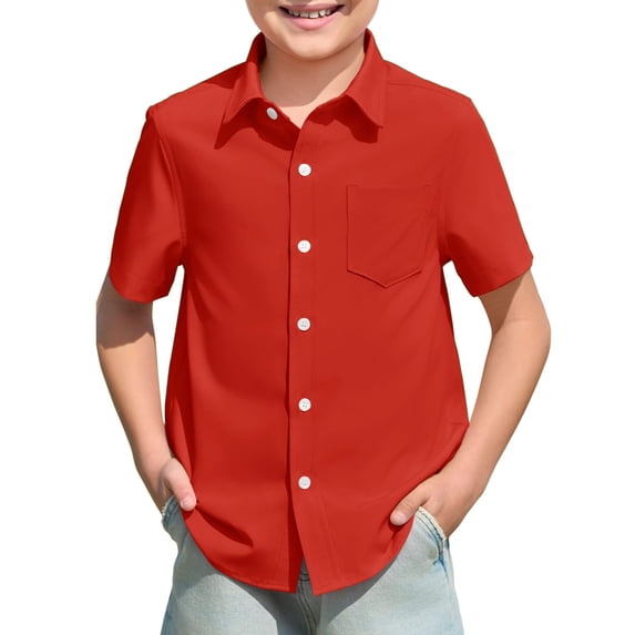 shoper Button Down Shirts for Boys Collared Dress Shirts Formal Wear Short Sleeve Tops Kids Summer Casual Shirts with Pockets Size 5-14 Years Red 160