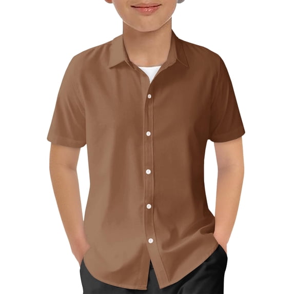 shoper Button Down Shirts for Boys Collared Dress Shirts Formal Wear Short Sleeve Tops Solid Color Kids Summer Casual Shirt Size 5-14 Years Brown 160