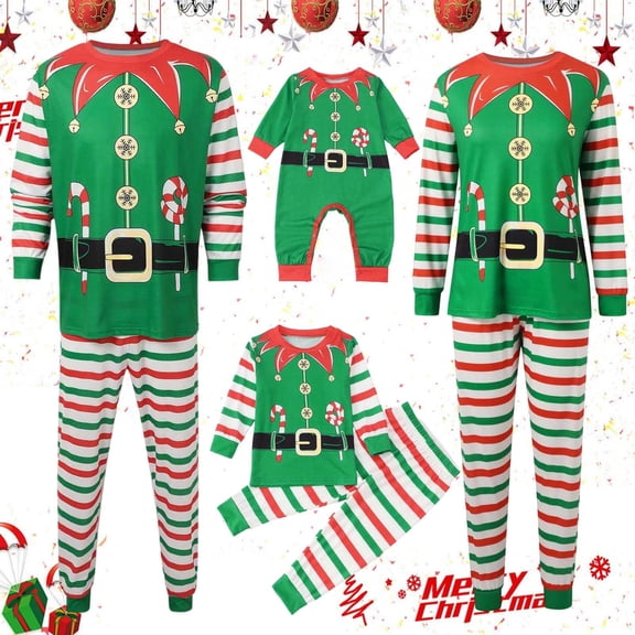 shoper Christmas Matching Family Pajamas Set Elf Candy Cane Print Long Sleeve Pullover Top and Pants for Adults