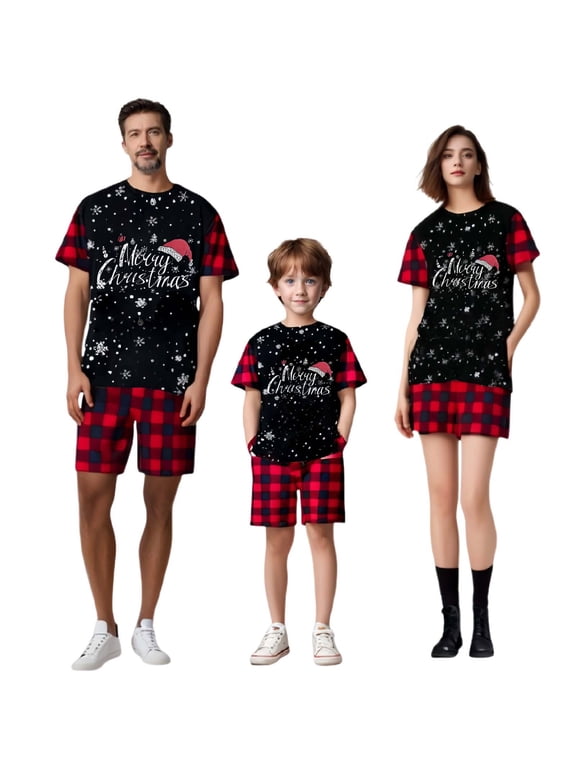 Christmas Matching Family Pajamas Set Santa Snowflake Graphic Short Sleeve Top and Shorts Pjs for Dad Mom
