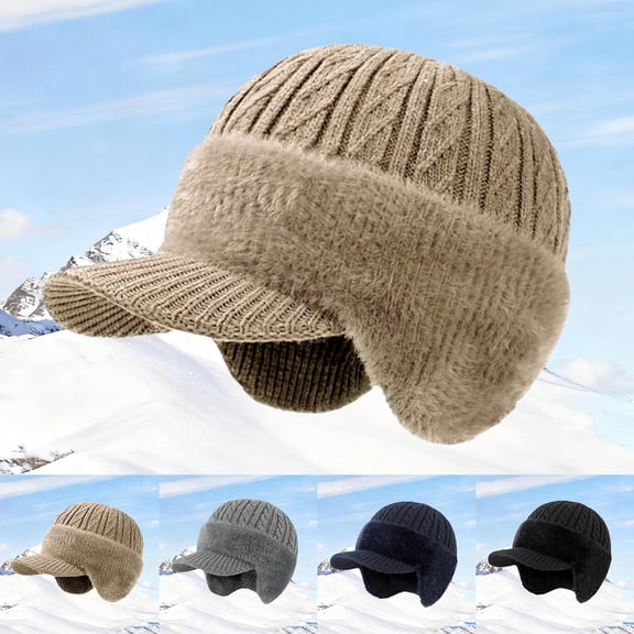 shoper Cold Trapper Hat,Trapper Blocking Knitted Hats with Ear Flaps and Wool Brim, Warm Lined Knit Hat Stocking Caps for for The Cold Weather
