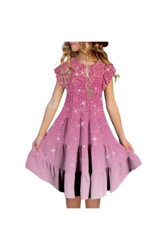 Dress for Girls 14-16 Crew Neck Ruffled Sleeve Gradient Color Layered Elegant Vacation Dresses for Girls Dance Clothes Wedding Guest Dress Red 130