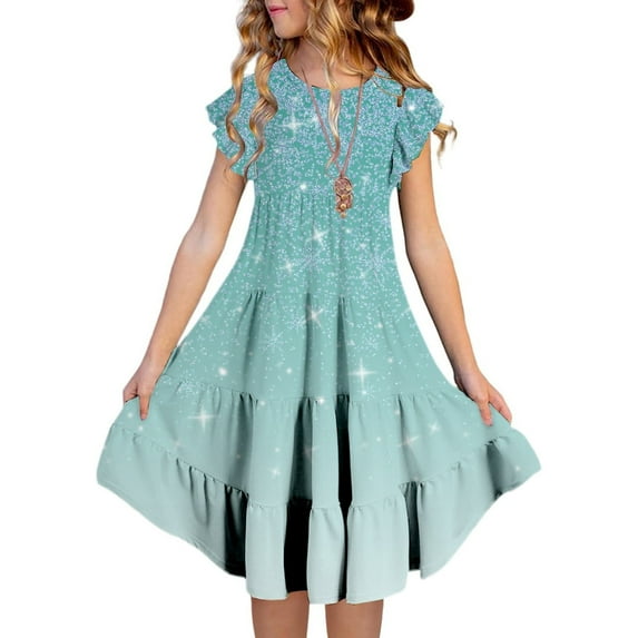 shoper Dress for Girls 6 Crew Neck Ruffled Sleeve Gradient Color Layered Lovely A-line Dresses Photo Outfit Summer Clothes Summer Maxi Dress for 5-14 Years Light Gray 120